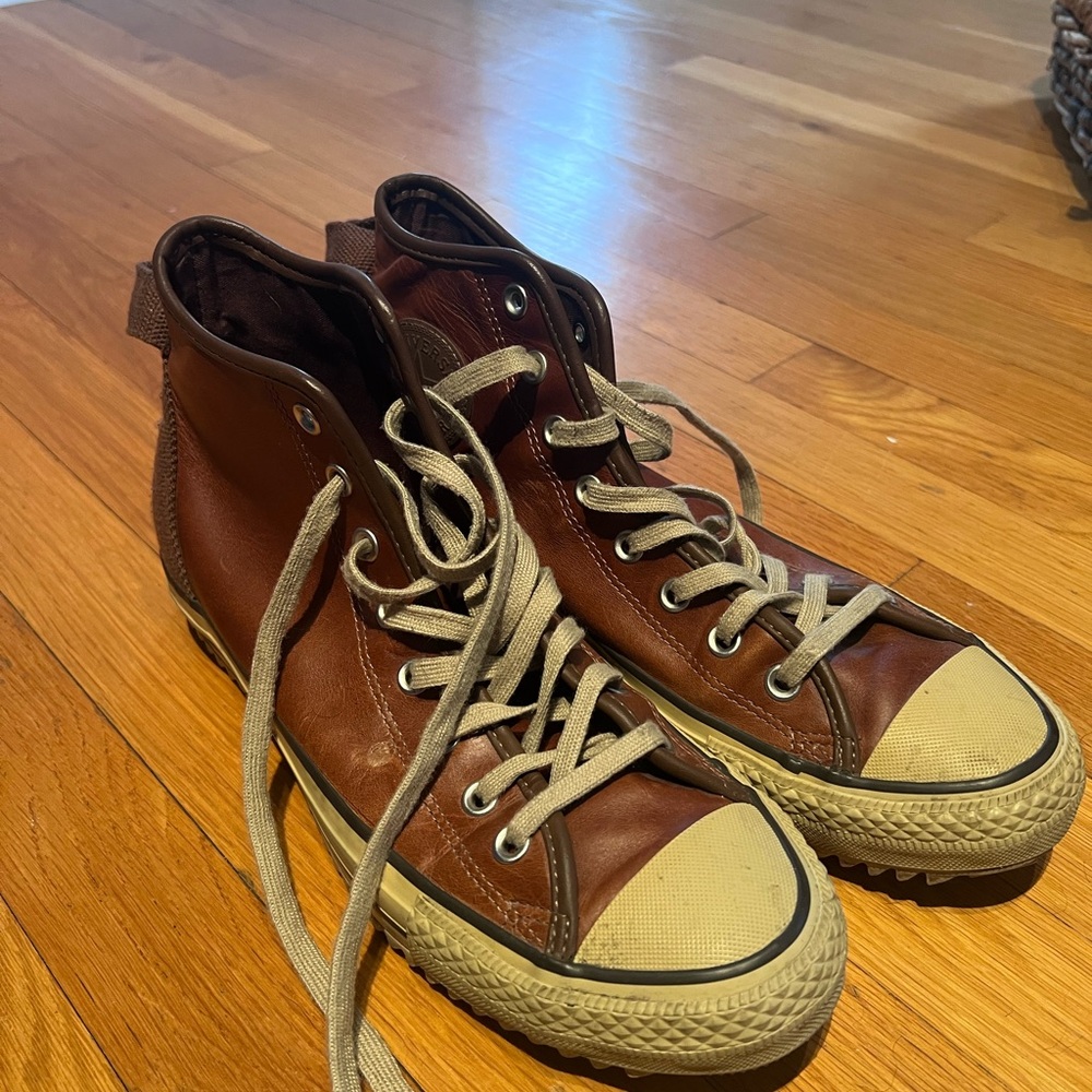 Converse Brown Leather Tan High-Top Sneakers Canvas Lace-Up
